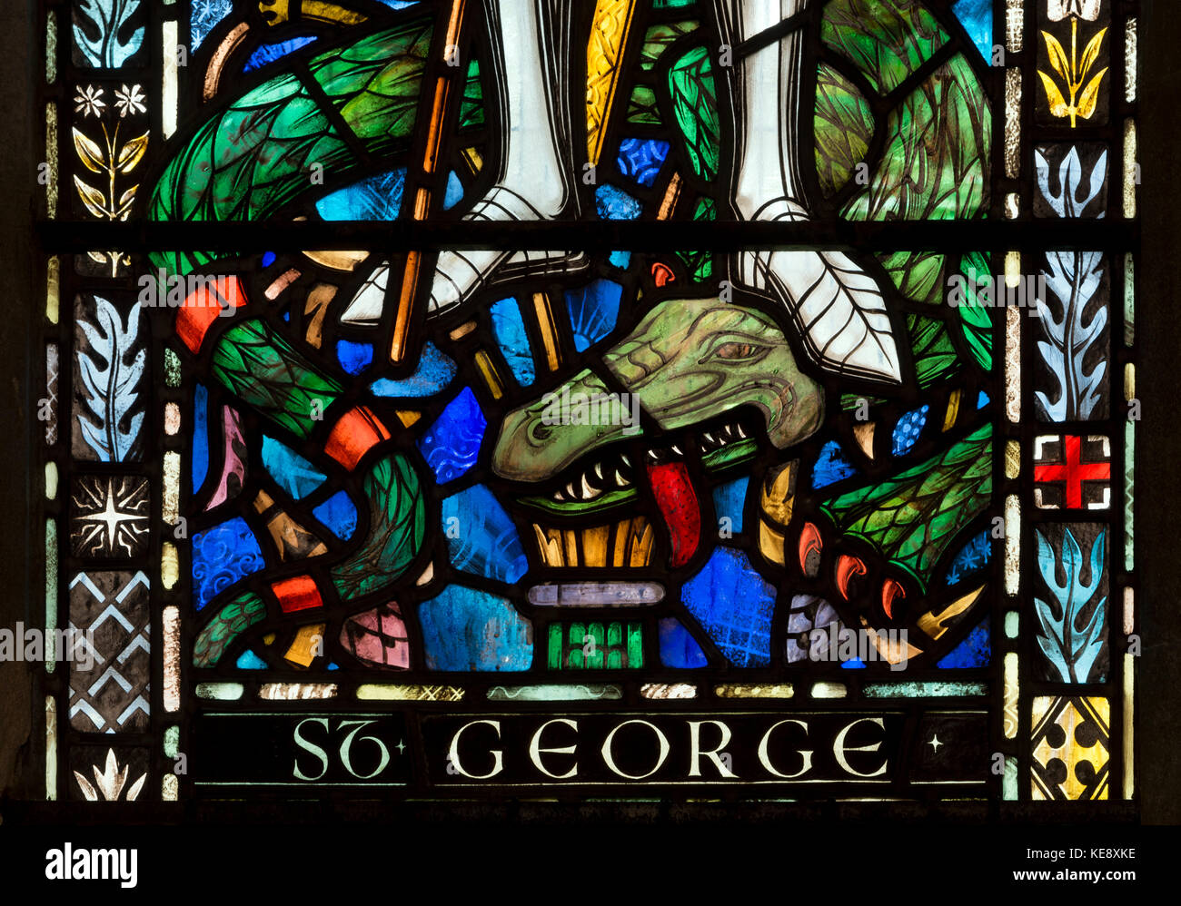 Saint George stained glass, St. Martin`s Church, Bladon, Oxfordshire, England, UK Stock Photo